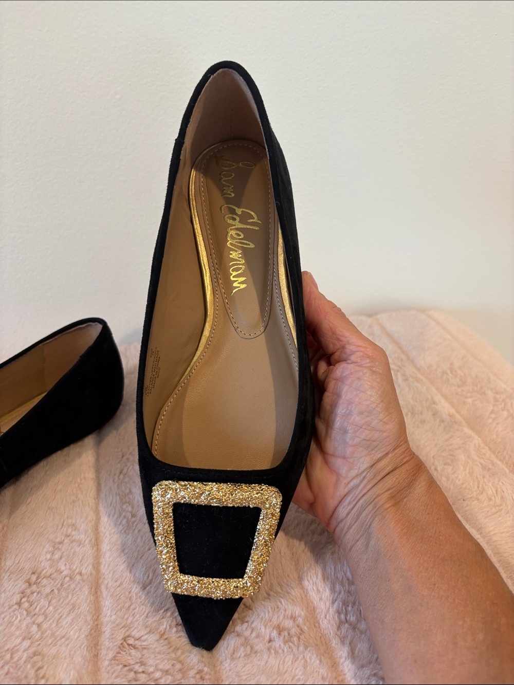 Sam Edelman Black Suede Pointed Toe Flats with Gold Buckle Detail - Picture 4 of 5